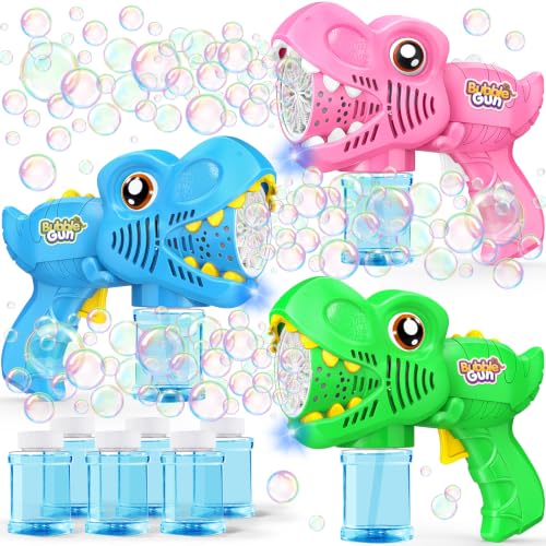 Yunaking 3 Pack Bubble Mahine Gun, Dinosaur Bubbles Blower Toys for Kids - color: Blue+green+pink