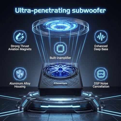 10" 1200W Slim Under-Seat Powered Car Subwoofer with Built-in Amp | Aluminum enclosure, high and low level RCA and speaker inputs, wired remote control, blue LED light, fits truck SUV Jeep MPV