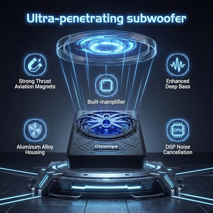 10" 1200W Slim Under-Seat Powered Car Subwoofer with Built-in Amp | Aluminum enclosure, high and low level RCA and speaker inputs, wired remote control, blue LED light, fits truck SUV Jeep MPV
