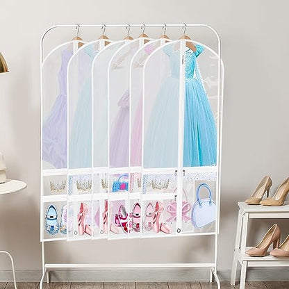 6 Pcs 24'' x 50'' Clear PVC Garment Bag Dance Costume Competition Bag with Rack Zippers Pockets Hanging Garment Covers Costume Organizer Costume Carrier for Adults Kids(White) - color: White