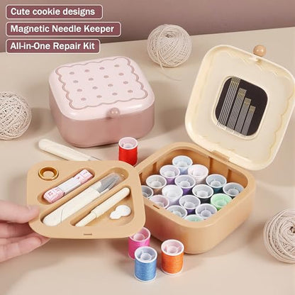 LOTOFUN Small Sewing Kit Box: Cookie Design Portable 2-Layer Organizer Magnetic Needle and Thread Kits Holder Basic Case - Travel Emergency Clothes Repair for Adults (Beige) - color: Beige