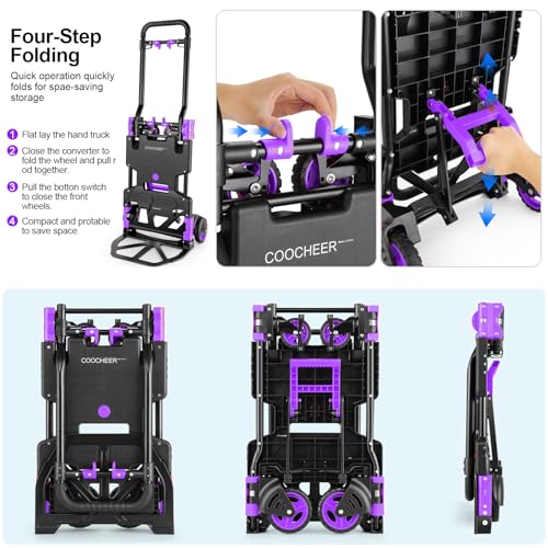Folding Hand Truck Dolly, 330lb Convertible 4 to 2 Wheel Moving Cart,Purple | Dolly Cart with Retractable, Aluminum Alloy & Cast Iron Build, Nylon Wheels,Compact Fold,for Moving,Office,Delivery,Outdoor - size: 330LB Purple