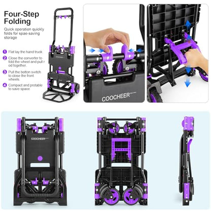 Folding Hand Truck Dolly, 330lb Convertible 4 to 2 Wheel Moving Cart,Purple | Dolly Cart with Retractable, Aluminum Alloy & Cast Iron Build, Nylon Wheels,Compact Fold,for Moving,Office,Delivery,Outdoor - size: 330LB Purple