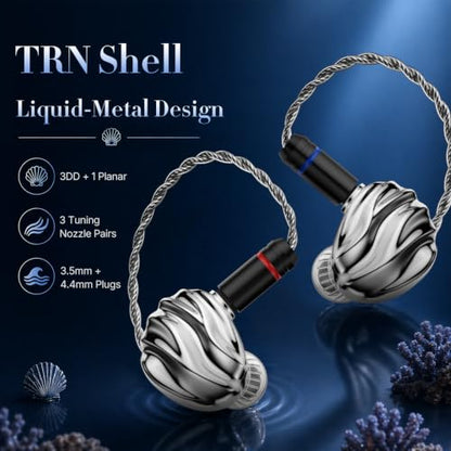 TRN Shell 3DD+1 Planar Hybrid in Ear Monitor, HiFi IEM Earbuds | 3 Tuning Nozzle Pairs, Silver-Plated IEM Cable, 3.5mm and 4.4mm Plugs, Balanced Sound, for Musicians and Audiophiles