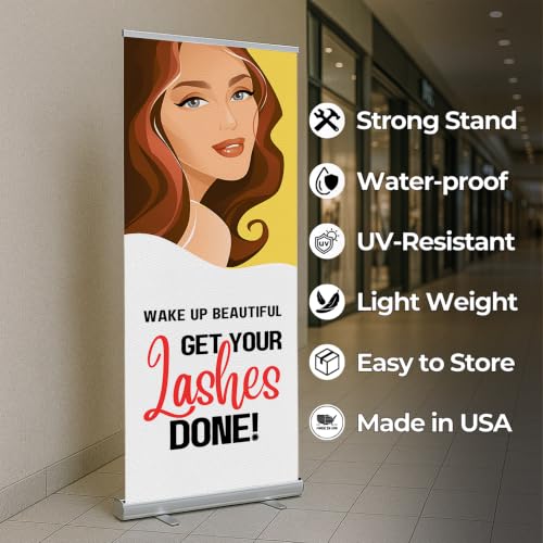 Lashes & Brows Retractable Stand Banner by DC | 33"x81" Roll-Up Display | Wake Up Beautiful Get Your Lashes Done Vertical Pull-Up Banner for Trade Shows & Events | Made in USA | (Stand Not Included) - color: Wake Up Beautiful Get Your Lashes Done, size: R