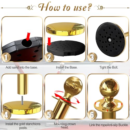 4PCS Gold Stanchions Posts with 3PCS 5 ft Red Velvet Rope, Red Velvet Rope Stanchion Set Crowd Control Barriers, Stanchions and Velvet Ropes Red Carpet Poles for Party Supplies - color: Gold, size: 4