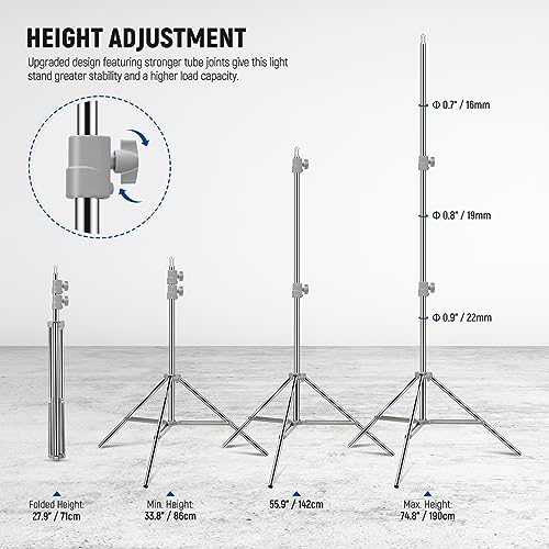 NEEWER Upgraded 75"/190cm Light Stand Stainless Steel Spring Loaded, Foldable Photography Tripod Stand with Stronger Tube Joints for Strobe Softbox LED Ring Light, Max Load 13.5lb/6.5kg, ST-190SS | Foldable, Photography Tripod Stand, Stronger Tube Joints,
