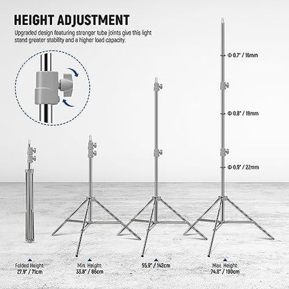 NEEWER Upgraded 75"/190cm Light Stand Stainless Steel Spring Loaded, Foldable Photography Tripod Stand with Stronger Tube Joints for Strobe Softbox LED Ring Light, Max Load 13.5lb/6.5kg, ST-190SS | Foldable, Photography Tripod Stand, Stronger Tube Joints,