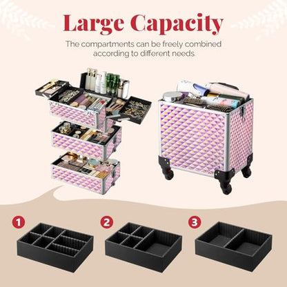 mefeir 4-in-1 Rolling Makeup Train Case Lift Handle,4 Removable Wheels Lockable Keys,Aluminum Cosmetic Trolley Beauty Stylist Artist Organizer Box,Ideal Xmas New Year Gift (Diamond Pink) - color: Diamond Pink