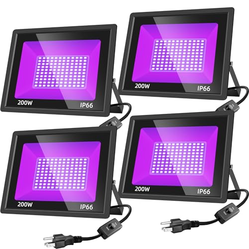 200W LED Black Lights,Black Flood Light Outdoor with Plug and Switch, IP66 Waterproof 395nm Blacklight Neon Glow for Glow Party, Halloween, Fluorescent Poster, Body Paint (4 Pack) - size: 395nm-200w