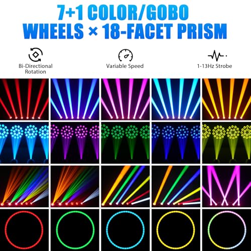 2PCS 150W Moving Head DJ Lights, 7+1 Gobos & 7+1 Colors Spotlight with 18 Rotatable Prisms, DMX512 & Sound Activated Modes for Events Parties Shows - color: Black-2PCS