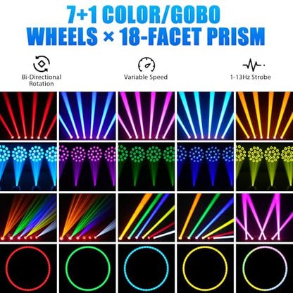2PCS 150W Moving Head DJ Lights, 7+1 Gobos & 7+1 Colors Spotlight with 18 Rotatable Prisms, DMX512 & Sound Activated Modes for Events Parties Shows - color: Black-2PCS