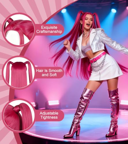 Hot Pink Cosplay Wig for Adults, Long Straight Wig with 2 Ponytails | Long hot pink synthetic hair wig for anime cosplay, Halloween, carnival, costume parties, and adult dress-up looks. - color: Pink