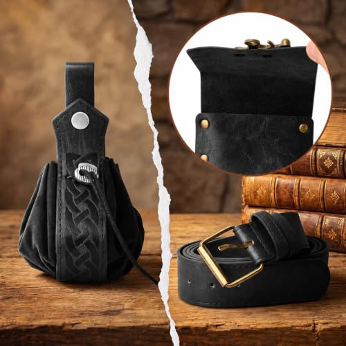 Renaissance Belt Pouch Set, Medieval Viking Pirate Leather Bag, Steampunk Waist Bag Skirt Hike Set, Halloween Cosplay Costume Accessories for Men Women (Black) - color: Black