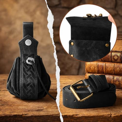 Renaissance Belt Pouch Set, Medieval Viking Pirate Leather Bag, Steampunk Waist Bag Skirt Hike Set, Halloween Cosplay Costume Accessories for Men Women (Black) - color: Black