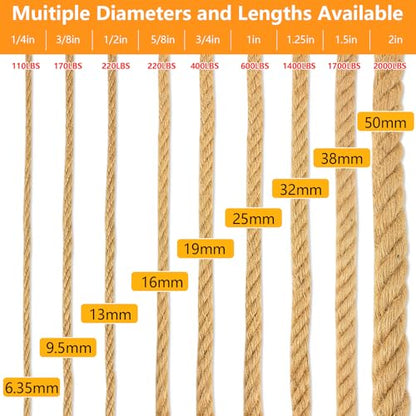 Manila Rope 3/4 Inch X 100 Ft, Natural Hemp Rope 4 Strand Twisted, Thick for Crafts Heavy Duty Multipurpose for Swing Bed, Camping, Tug of War, Docks, DIY Projects. - size: 100 feet, style: 0.75 inch
