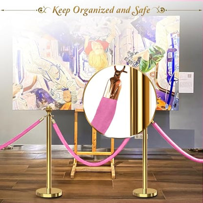 2PCS Pink Velvet Stanchion Rope 5 Ft Crowd Control Ropes Barrier with Gold Hooks for Party - color: Pink&gold, size: 2PCS