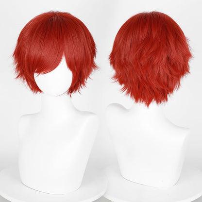 LABEAUTÉ Short Fresh Red Anime Cosplay Wig Male Men Anime Layered Unisex Heat Resistant Hair Wig with Bangs for Party and Halloween for Gift + Free Cap - color: Fresh Red