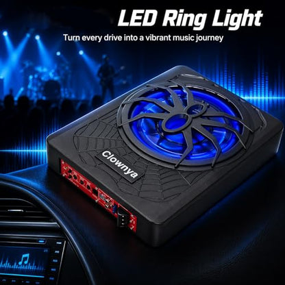 10" 1200W Slim Under-Seat Powered Car Subwoofer with Built-in Amp | Aluminum enclosure, high and low level RCA and speaker inputs, wired remote control, blue LED light, fits truck SUV Jeep MPV