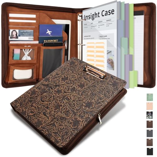 Clipboard with Storage for Men Women, Leather Padfolio Portfolio with Zipper, 1 Inch 3 Ring Binder 5 Dividers, Notepad for Letter Size, Elastic Closure and Pen Loop, Card Slot，Brown - color: Vintage Floral