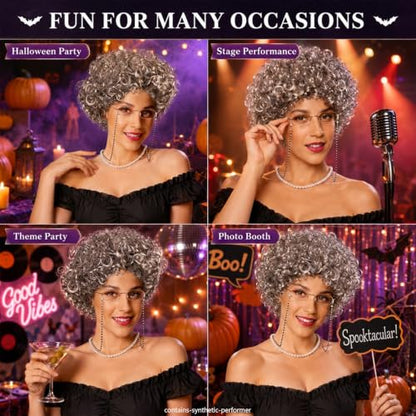 MAQIHAN Granny Wig Set - Light Gray Old Lady Wig with Glasses Cap | Synthetic Elderly Woman Costume Accessories with Faux Pearl Necklace for Halloween Cosplay, Funny Old Lady Outfit Party - color: Gray