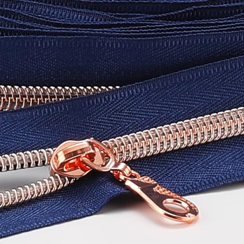 The Yards 10 Yards Bulk Navy Blue Nylon Coil Zipper with Rose Gold Teeth - Replacement Sewing Zipper with 10PCS Sliders for DIY Craft Bags - color: RoseGold-NavyBlue