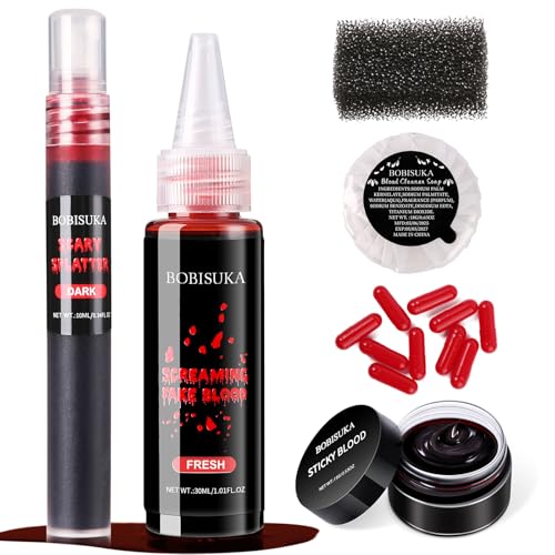 Halloween Fake Blood SFX Makeup Kit – Realistic Liquid Spray, Dripping Blood, Coagulated Gel, Capsules, Sponge & Soap – Washable Special Effects Body Paint for Vampire & Zombie Costumes
