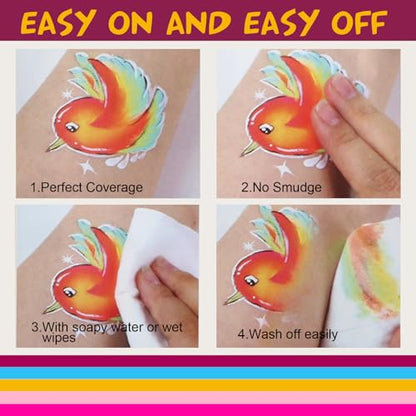 12-Color Water-Activated Professional Face Paint Kit with 10 Brushes, 4 Christmas & 4 Halloween Sticker Stencils – Non-Toxic Washable Face & Body Paint for Kids & Adults