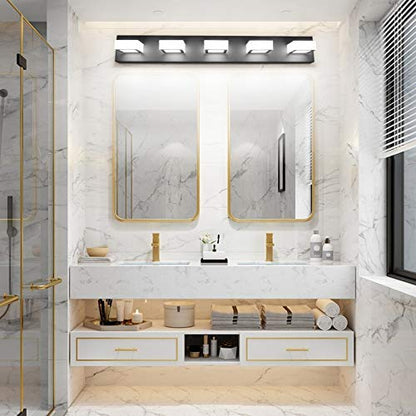 Ralbay LED Modern Black Vanity Lights 5 Lights Acrylic Matte Black Bathroom Vanity Lights Over Mirror - color: Black-White light, size: 34 inch