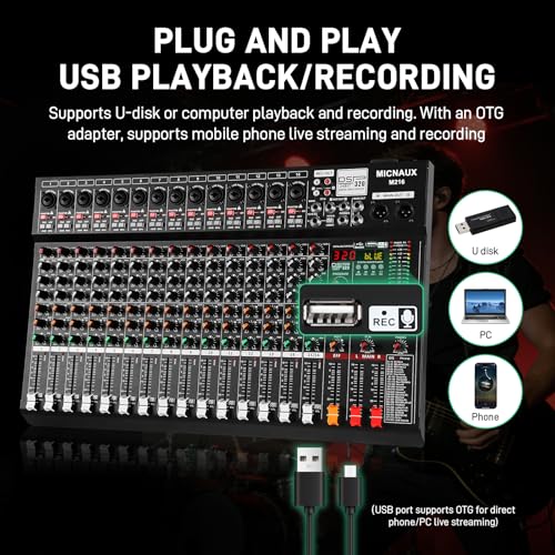 Audio Mixer 16 Channel Professional Sound Console Music Mixer with 320 DSP Effects, 7-band EQ DJ Mixing Board w/USB, Bluetooth, 48V Power Supply, PAD Button for Recording Karaoke PA Drum Live - size: 16 Channel - 21.8in