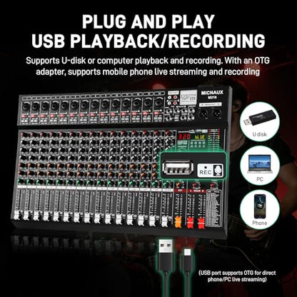 Audio Mixer 16 Channel Professional Sound Console Music Mixer with 320 DSP Effects, 7-band EQ DJ Mixing Board w/USB, Bluetooth, 48V Power Supply, PAD Button for Recording Karaoke PA Drum Live - size: 16 Channel - 21.8in