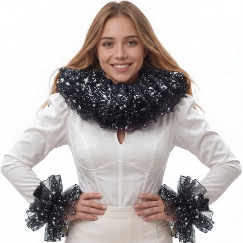 Renaissance Victorian Ruffle Collar and Wrist Cuffs Set Clown Neck Collar Layered Tulle Collar Cuffs - color: Black
