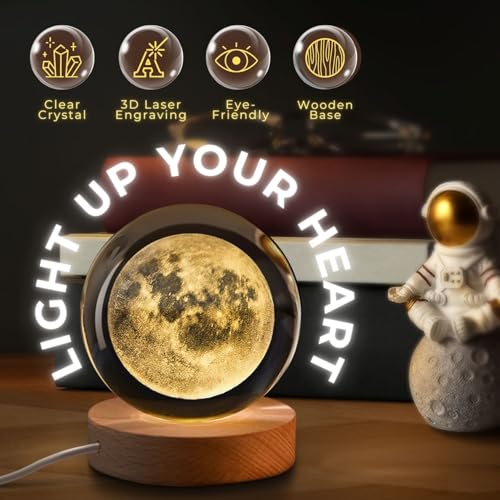 Flexzion 3D Moon Crystal Ball Night Light - LED Light Hologram Glass Lamp with Solid Wood Base, USB Powered Crystal Ball Lamp with Adjustable Brightness for Home Decor Display Gift, 2.4inch(60mm) | Moon Lamp with Solid Beech Wood Base and Adjustable Brigh
