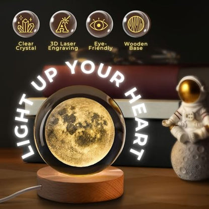 Flexzion 3D Moon Crystal Ball Night Light - LED Light Hologram Glass Lamp with Solid Wood Base, USB Powered Crystal Ball Lamp with Adjustable Brightness for Home Decor Display Gift, 2.4inch(60mm) | Moon Lamp with Solid Beech Wood Base and Adjustable Brigh