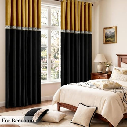 GIGIZAZA Velvet Curtains 90 Inch for Living Room 2 Panels Gold Black - color: Gold+black, size: 52"W x 90"L (Pack of 2)