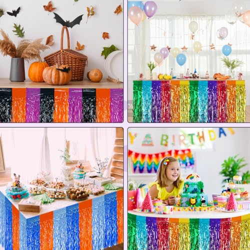 2 Pack 29.5x108 Inch Foil Tinsel Fringe Table Skirts, Disposable Table Skirts for Rectangle Tables Curtains Backdrop Parade Wedding Floats Baby Shower Party (Rainbow Colors) - color: Rainbow Colors