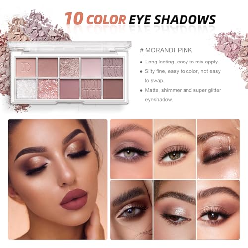 All in One Makeup Kit - Set for Women, Girls & Teens, Include 10 Colors Eyeshadow Palette, Lip Gloss, Eyebrow Eyeliner Pencil, Waterproof Mascara, 6 Pcs Brushes (Pink Kits) - color: 10-Pink