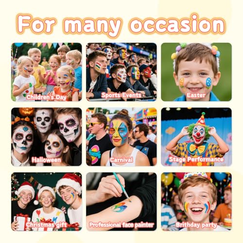 Professional Face Painting Kit for kids Split Cake Face Paint Palette with Glitter Gel One Stroke Non Toxic with Stencils, Pro Face Paint Brushes Sponges for Halloween, Christmas gift, Party