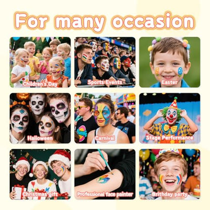 Professional Face Painting Kit for kids Split Cake Face Paint Palette with Glitter Gel One Stroke Non Toxic with Stencils, Pro Face Paint Brushes Sponges for Halloween, Christmas gift, Party