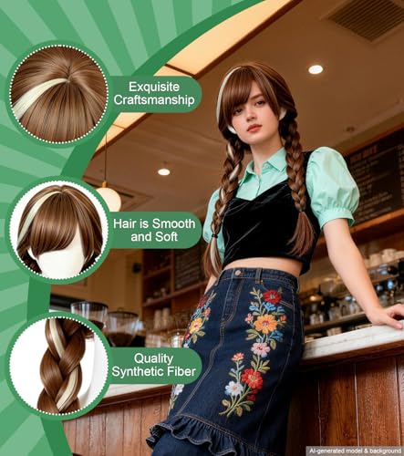 Brown Twin Ponytail Princess Wig, Long Braided Cosplay Wig Set | Adjustable cap included, synthetic brown braided wig for Halloween, parties, festivals, cosplay, and costume dress-up - color: Brown