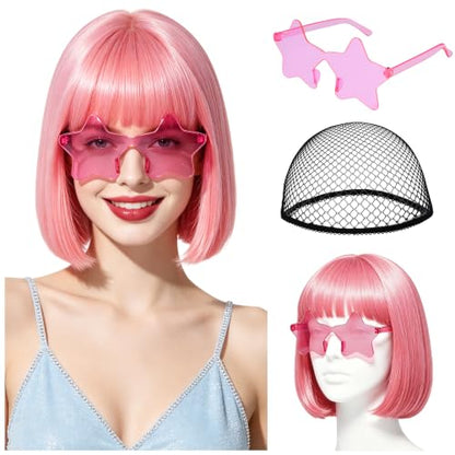Short Bob Straight Hair Wigs with Bangs, Heat Resistant Fiber Hair, Star-shaped Glasses for Women (Pink) - color: Pink