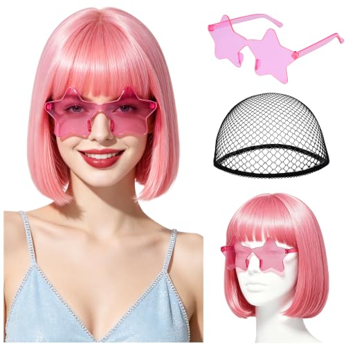 Short Bob Straight Hair Wigs with Bangs, Heat Resistant Fiber Hair, Star-shaped Glasses for Women (Pink) - color: Pink