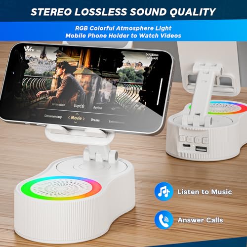 Cell Phone Stand with Bluetooth Speaker - Wireless Bluetooth Speaker with 360° Rotatable Phone Holder, Multifunctional Adjustable Stand with Charging Compatible with Tablet for Home Desk (White) - color: White