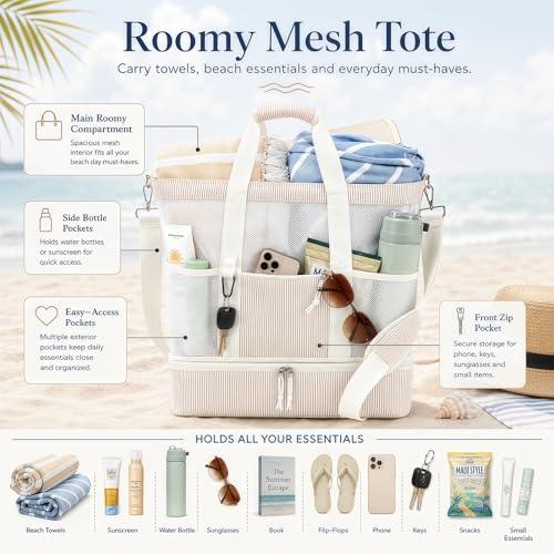 Bluboon Mesh Beach Tote Bag with Cooler Compartment Insulated Detachable Picnic Bag with Zipper and Pocket Pool Bag for Women - color: Sand White Vertical Stripe