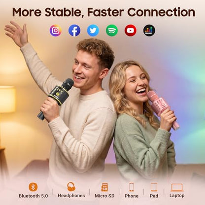 BONAOK Wireless Bluetooth Karaoke Microphone, 3-in-1 Portable Handheld Mic Speaker Machine with Built-in Non-Detachable Battery, for All Smartphones, Gifts to Girls, Boys Kids Adults All Age - color: Champagne