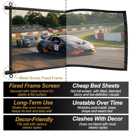 100 inch Fixed Frame Projector Screen, Outdoor Indoor Movie Projector Screen, Wrinkle-Free Large Hanging Projection Screen for Room Wall, Theater, Camping, Backyard, 4K HD 16:9