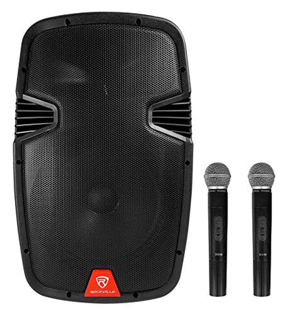 Rockville RAM12BT 12" Rechargeable DJ PA Speaker Bundle with RVES05 Stand | 8-Hour Rechargeable Battery, TWS, XLR/1/4" Inputs, USB/SD, 600W Peak/150W RMS, 5 Band EQ, FM Radio, 2 VHF Mics, 2-Items