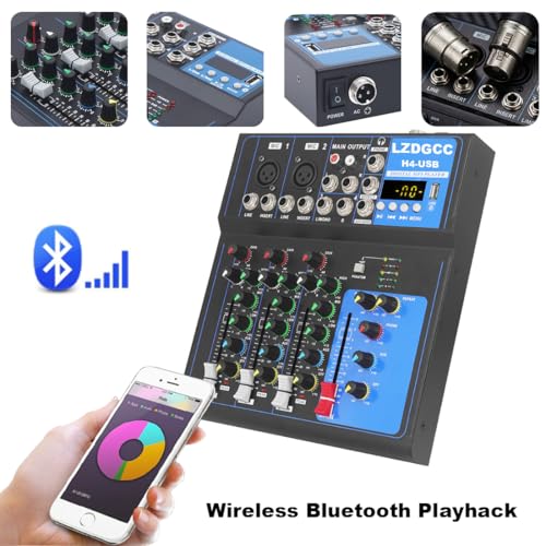 Professional Audio Mixer, 4 Channel DJ Bluetooth Portable Mixer Board | USB DJ Mixer Board with 48v Phantom Power, DJ mixers Sound Board for Live Show Streaming Music Stage Karaoke