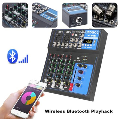 Professional Audio Mixer, 4 Channel DJ Bluetooth Portable Mixer Board | USB DJ Mixer Board with 48v Phantom Power, DJ mixers Sound Board for Live Show Streaming Music Stage Karaoke