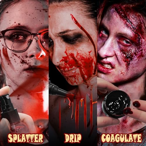 5PCS Halloween Fake Blood Makeup Kit, Fake Blood Spray 50ML + Dripping Blood 50ML + Coagulated Blood 1.41oz + Stipple Sponge + Cleansing Soap, Fake Blood Washable for Clothes Face Vampire SFX Makeup - color: Dark + Fresh (5PCS Kit)
